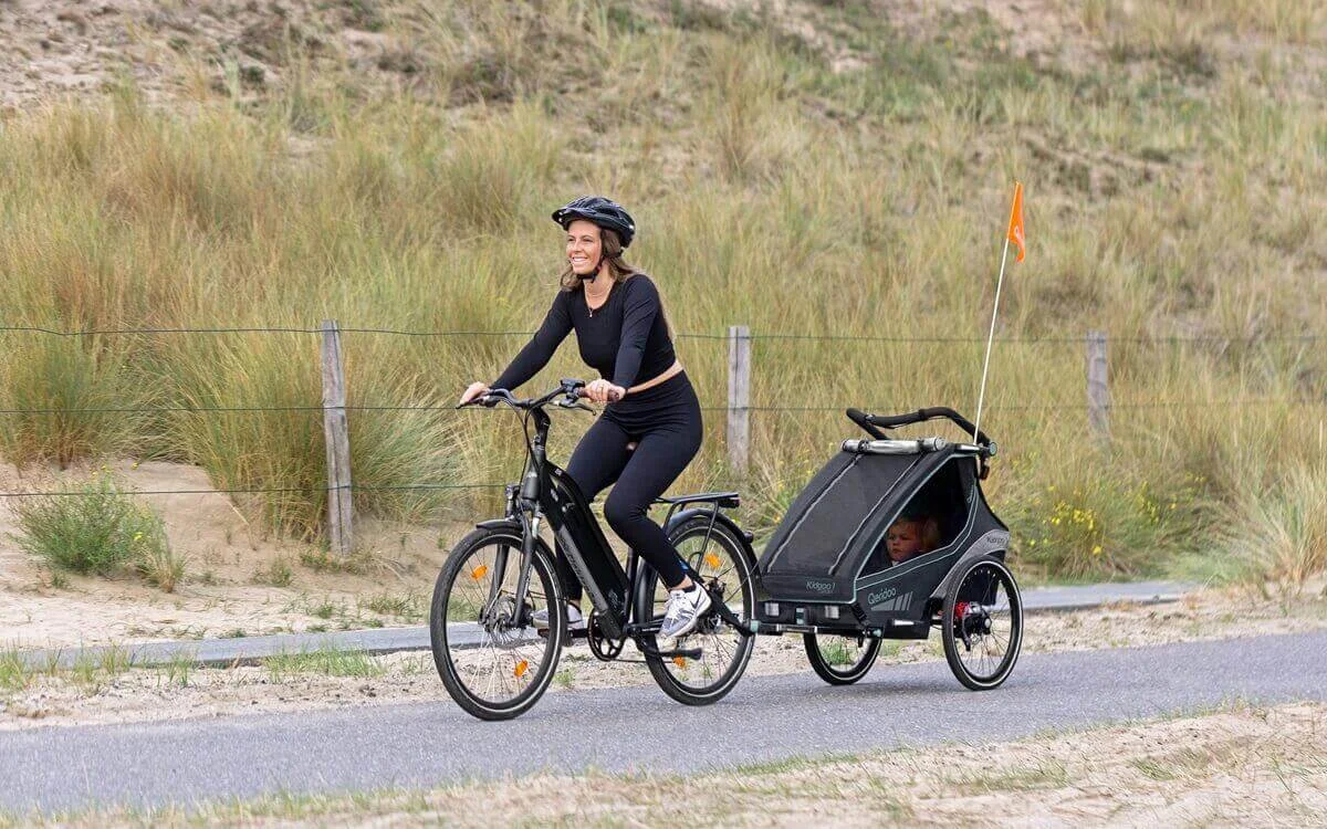Frau am Fahrrad und Kind im Fahrradanhaenger Bild Frau am Fahrrad und Kind im Fahrradanhaenger